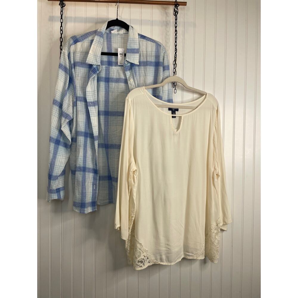 NWT Gap Cream Lacy Blouse & Blue Plaid Long Sleeve Shirt Womens Bundle Size 2X